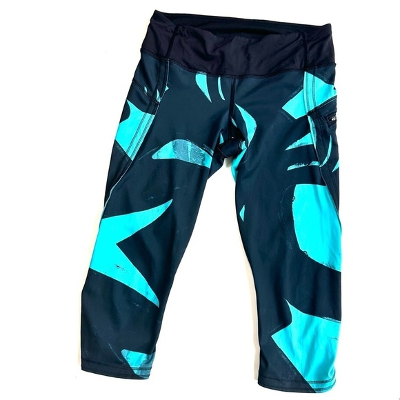 Lululemon black teal crop leggings turquoise print pants athletic workout 6 - Picture 1 of 15